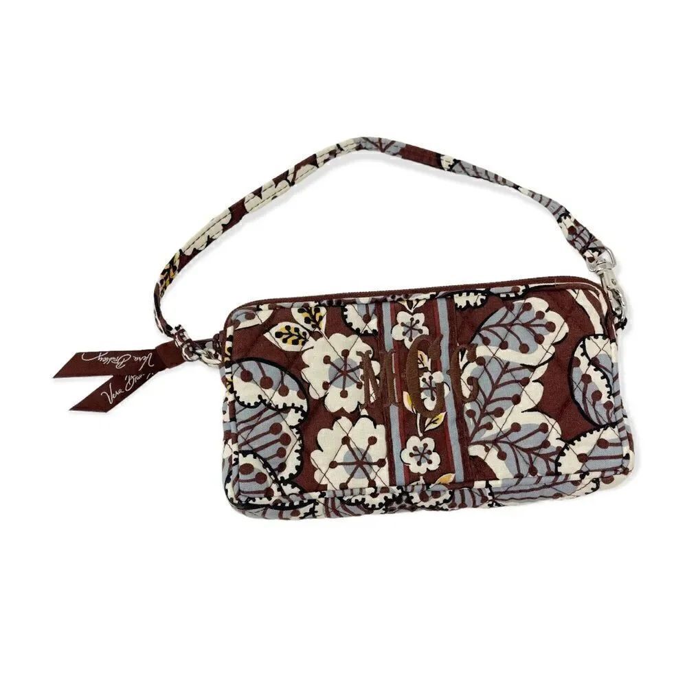 Vera Bradley Slate Blooms Zippered Wristlet Bag Embroidered Brown Blue Floral